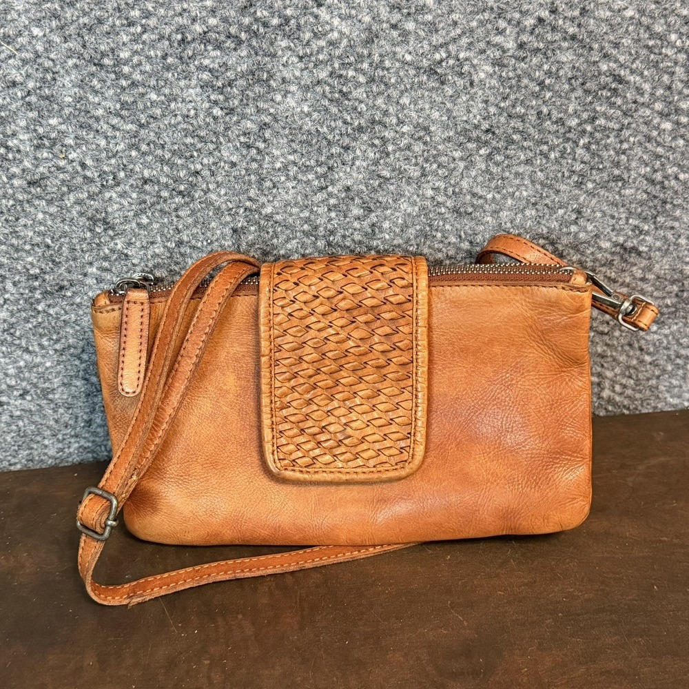Vilenca Holland Woven Flap Boho Leather Crossbody Shoulder Bag Cognac Purse Bag